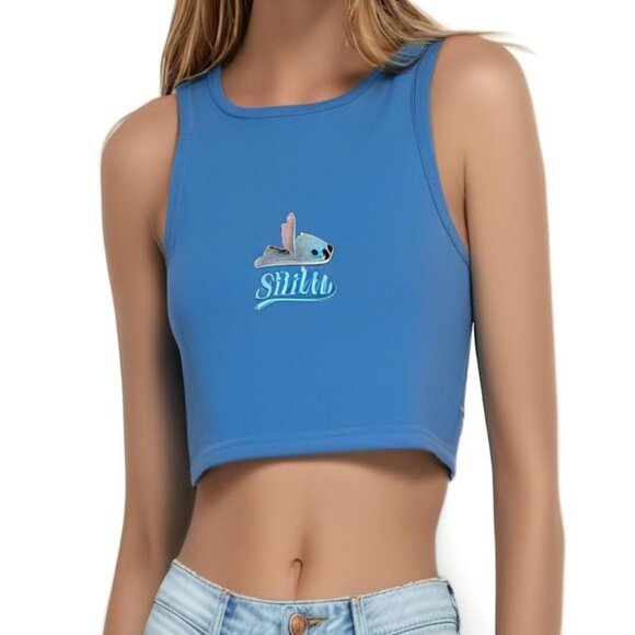 Disney's Lilo & Stitch Blue Embroidered Stitch Graphic Tank Crop Top Summer Wear - Picture 9 of 13